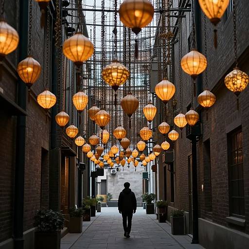 Photograph of a narrow urban alley with glowing, orange paper lanterns hanging overhead, silhouetting a lone person walking away.