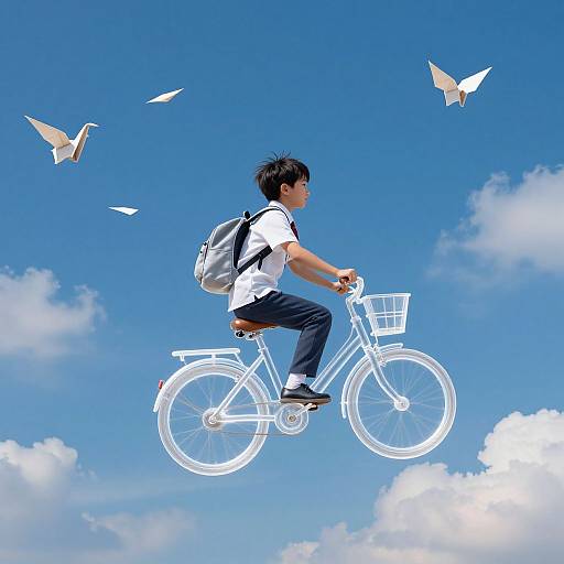 Whimsical Schoolchild Soaring on Bicycle