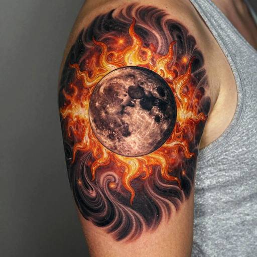 Photograph of a tattoo on a muscular arm showing a moon engulfed in fiery, swirling flames with black and orange hues. Wearing a gray tank