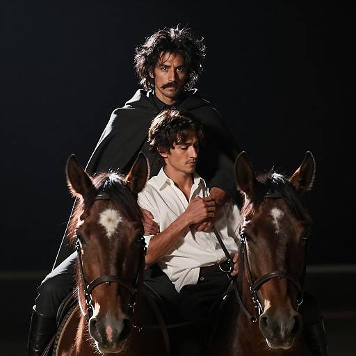 Dramatic Horseback Scene with Two Men