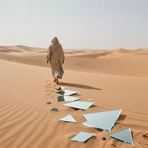 Photograph of a robed figure walking across sunlit desert sand dunes, following a trail of scattered glass triangles.