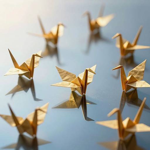 Photograph of multiple golden paper origami boats floating on a reflective, blue water surface, with sunlight creating a shimmering effect.