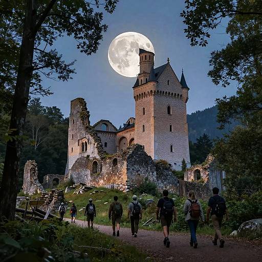 Adventurers Exploring Castle Ruins at Twilight