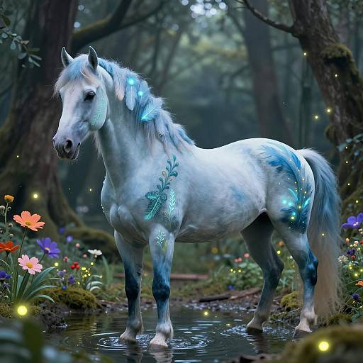 Mystical Blue Horse in Enchanted Forest