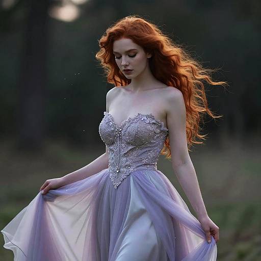 Photograph of a fair-skinned, red-haired woman with long, wavy hair, wearing a strapless, lavender lace and tulle gown,