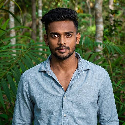 Photograph of a handsome, dark-skinned man with short black hair and beard, wearing a light blue button-up shirt, standing in a lush,