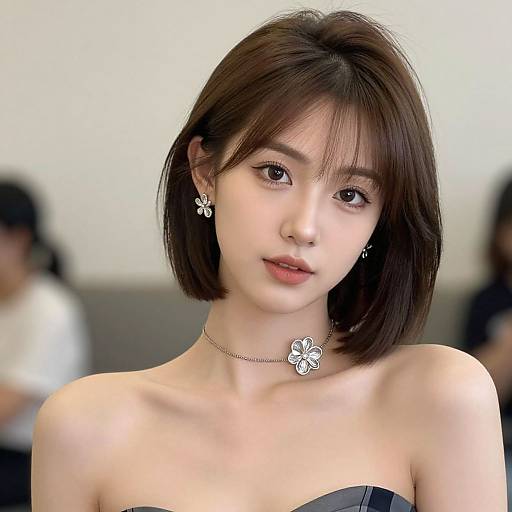 Photograph of an Asian woman with short brown hair, wearing a strapless black top, floral earrings, and matching necklace, against a blurred indoor background