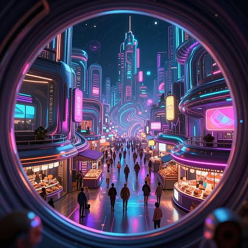 Neon-lit futuristic cityscape viewed through a circular portal, bustling with people, neon signs, and glowing skyscrapers in vibrant blues, p