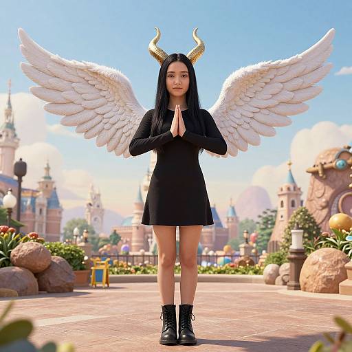 Digital illustration of an East Asian woman with black horns, white wings, long black dress, black boots, standing in a sunny, whimsical castle courtyard