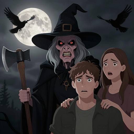 Menacing Witch Confronts Frightened Young Adults