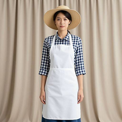 Asian woman in white apron, black-and-white checkered shirt, straw hat, standing against beige curtains, photograph, neutral expression.
