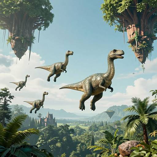 Photorealistic CGI of three flying dinosaurs, with textured green and brown scales, soaring above a lush, towering forest and floating treehouses under a bright