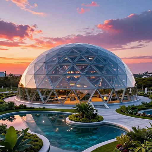 Photograph of a futuristic glass dome building with a geometric facade, reflecting sunset colors, surrounded by a curved, landscaped pool.