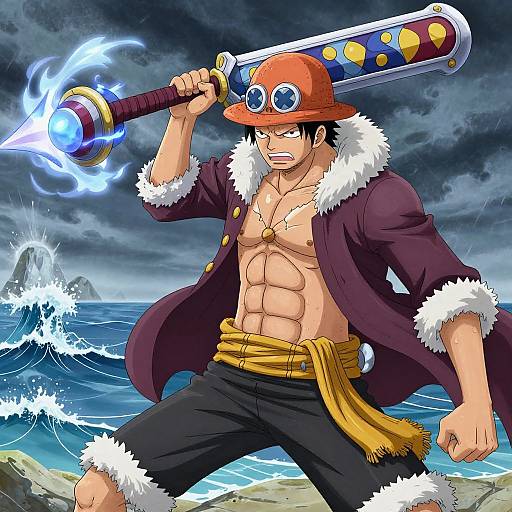 Anime-style illustration of muscular man with orange hat, bare chest, purple jacket, black pants, wielding glowing bat on stormy beach.