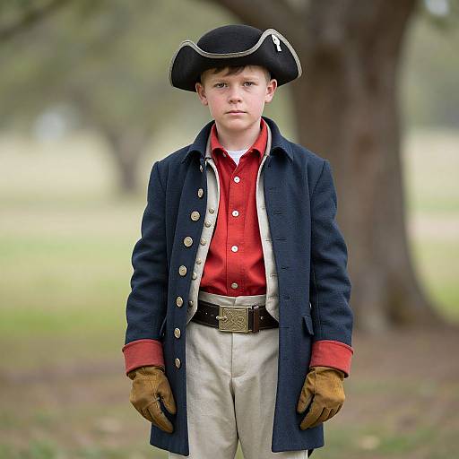 Photograph of a young boy in colonial-era attire: black tricorn hat, navy coat, red shirt, beige pants, brown gloves, standing outdoors