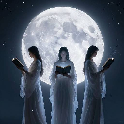 Three women in white, translucent robes reading books stand silhouetted against a glowing, full moon in a starry night sky.