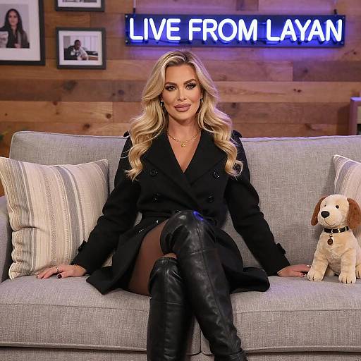 Blonde Woman on Couch with Neon Sign
