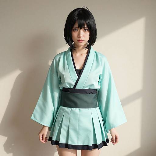 Asian woman with black bob, wearing light blue kimono with black trim and belt, standing against plain wall, sunlight casting shadows.