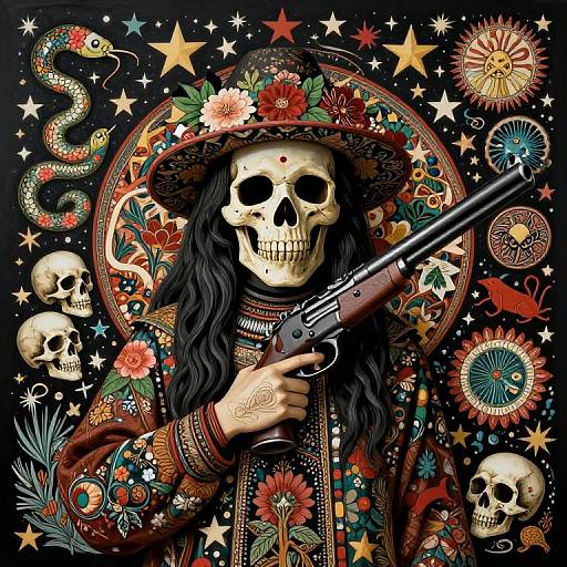 Vibrant digital artwork of a skull-faced figure in a floral-patterned hat, holding a gun, surrounded by snakes, stars, flowers, and