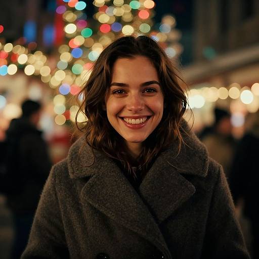 Photograph of a smiling woman with wavy brown hair, wearing a dark gray coat, in a festive, brightly lit urban night scene with colorful bo