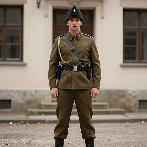Photograph of a stern-faced male soldier in a WWII-style olive-green uniform, black helmet with star, standing in front of a beige building with dark