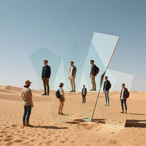 Photograph of diverse group in desert, standing around transparent, angular glass panels under clear blue sky, with golden sand dunes.