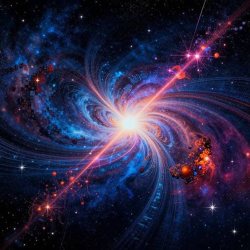 Photograph of a vibrant, swirling galaxy with a bright white core, surrounded by blue and purple nebulae, and dotted with red and orange stars