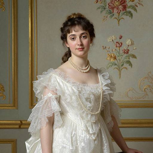 Photograph of a fair-skinned woman with dark hair in a vintage white ruffled dress and pearl necklace, standing in an ornately decorated room with