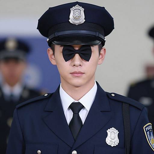 Photograph of a young male police officer in a black uniform, white shirt, black tie, and sunglasses, with a police hat and badge, standing
