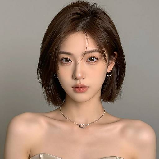 Digital portrait of an East Asian woman with short, dark brown hair, brown eyes, fair skin, wearing a strapless top, necklace, and earrings
