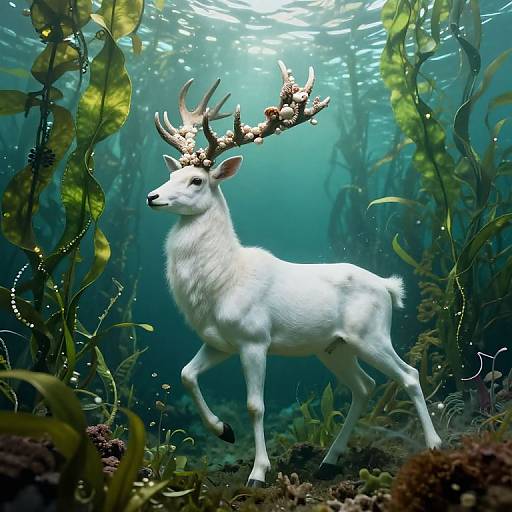 Photograph of a surreal underwater scene with a white deer with antlers adorned with coral, surrounded by green seaweed and coral reef.