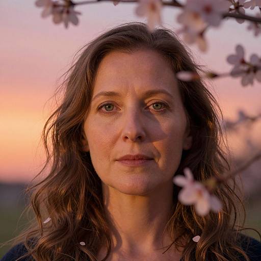 Photograph of a middle-aged woman with wavy brown hair, fair skin, and green eyes, framed by blooming cherry blossoms at sunset.