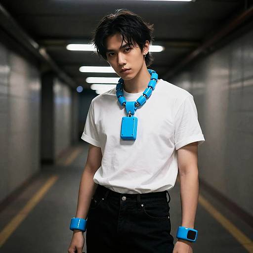 Androgynous Cyberpunk Courier in Neon Subway