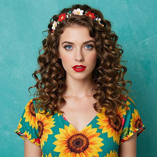 Photograph of a fair-skinned woman with blue eyes, curly brown hair, red lipstick, wearing a sunflower-patterned dress and flower crown,