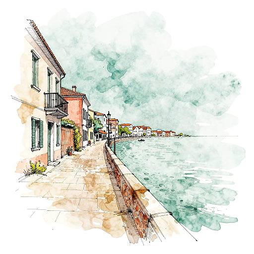 Canal-side Watercolor and Ink Streetscape