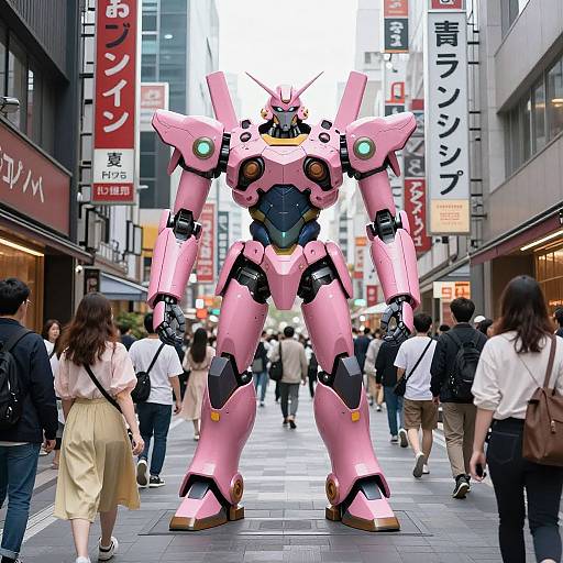 Photograph of a towering pink mech robot standing in a busy Japanese city street, surrounded by pedestrians in modern attire.