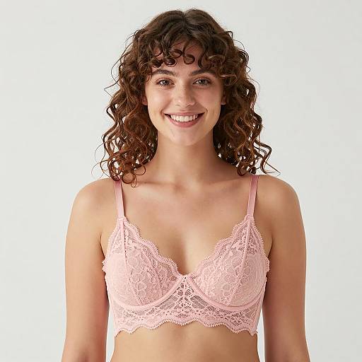 Smiling Young Woman in Pink Lace Bra