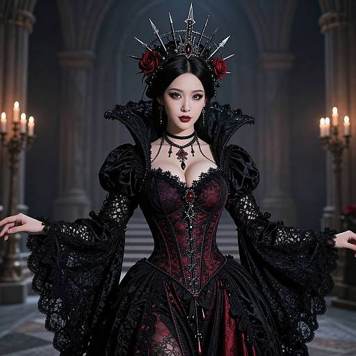 Gothic queen in elaborate black lace dress with red accents, crown, and choker, stands in dim, candlelit, arched hall.