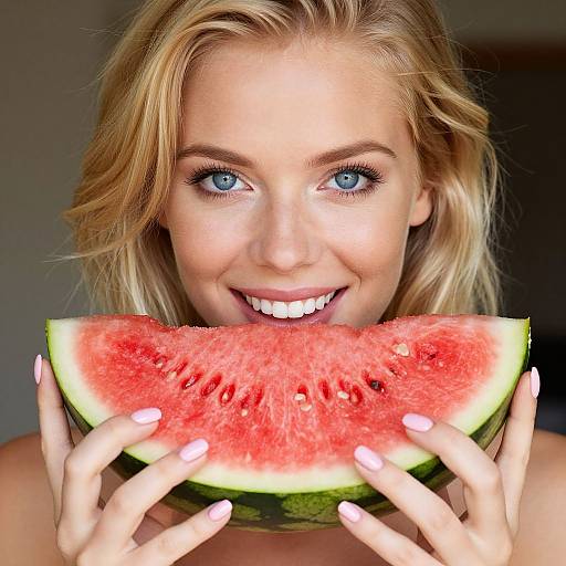 Photograph of a smiling blonde woman with blue eyes, holding a slice of watermelon close to her mouth, showcasing pink nail polish.