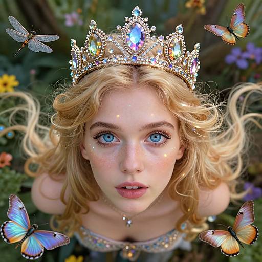 Photograph-style digital artwork of a fair-skinned, blonde princess with blue eyes, wearing a jeweled tiara, surrounded by colorful butterflies and flowers