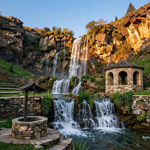 Tiered Waterfalls and Rustic Stone Structures