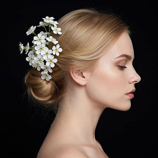 Photograph of a fair-skinned, blonde woman in profile with closed eyes, wearing a delicate white flower hair accessory against a black background.
