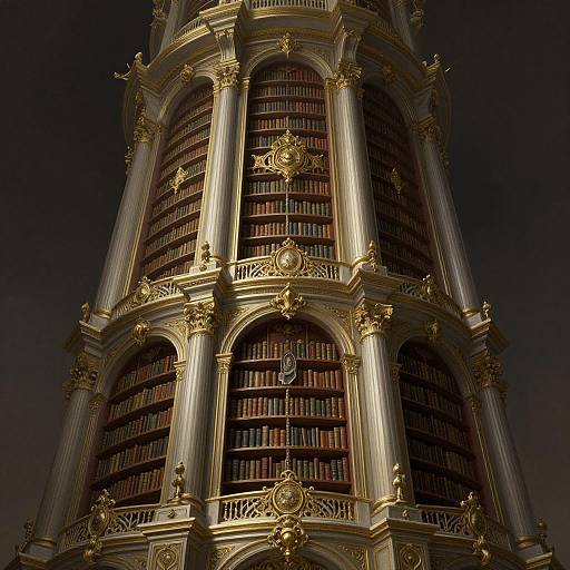 Photograph of a grand, ornate, golden, cylindrical library tower filled with dark wooden bookshelves, illuminated by dramatic lighting against a dark sky