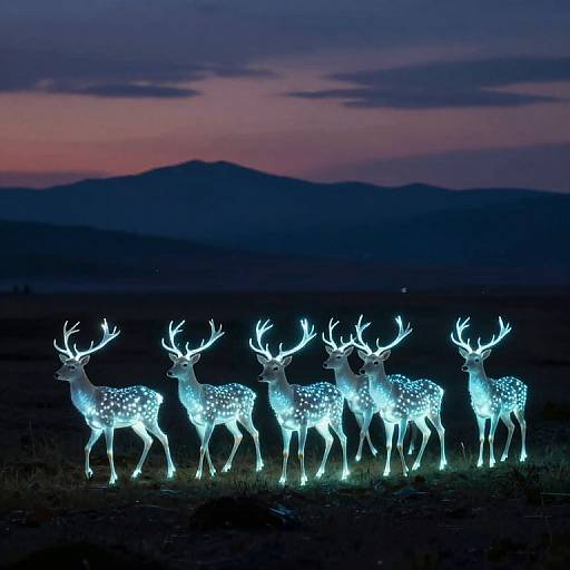 Photograph of glowing blue deer silhouette lanterns standing in a dark, grassy field at sunset with purple and pink sky.