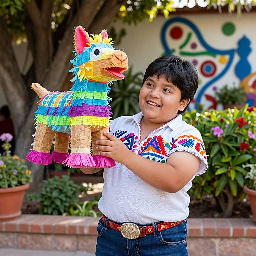 Photograph of a smiling young boy with short black hair, wearing a white shirt with colorful patterns, holding a vibrant, multi-colored paper mache horse