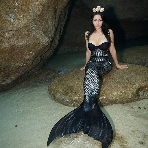 Photograph of a dark-haired mermaid with black fish-scale tail, black strapless top, and gold crown, seated on a rock in a dim