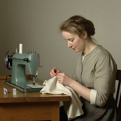 Photograph of a Caucasian woman with brown hair in a bun, wearing a gray blouse, sewing on a vintage green sewing machine.