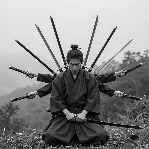 Dramatic Samurai with Multiple Swords