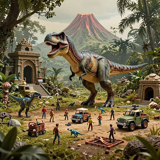 Digital artwork of a lush, prehistoric jungle scene with a massive T-Rex, tiny explorers, ancient temples, and a volcano in the background