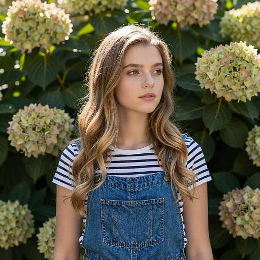 Contemplative Young Woman in Denim Overall